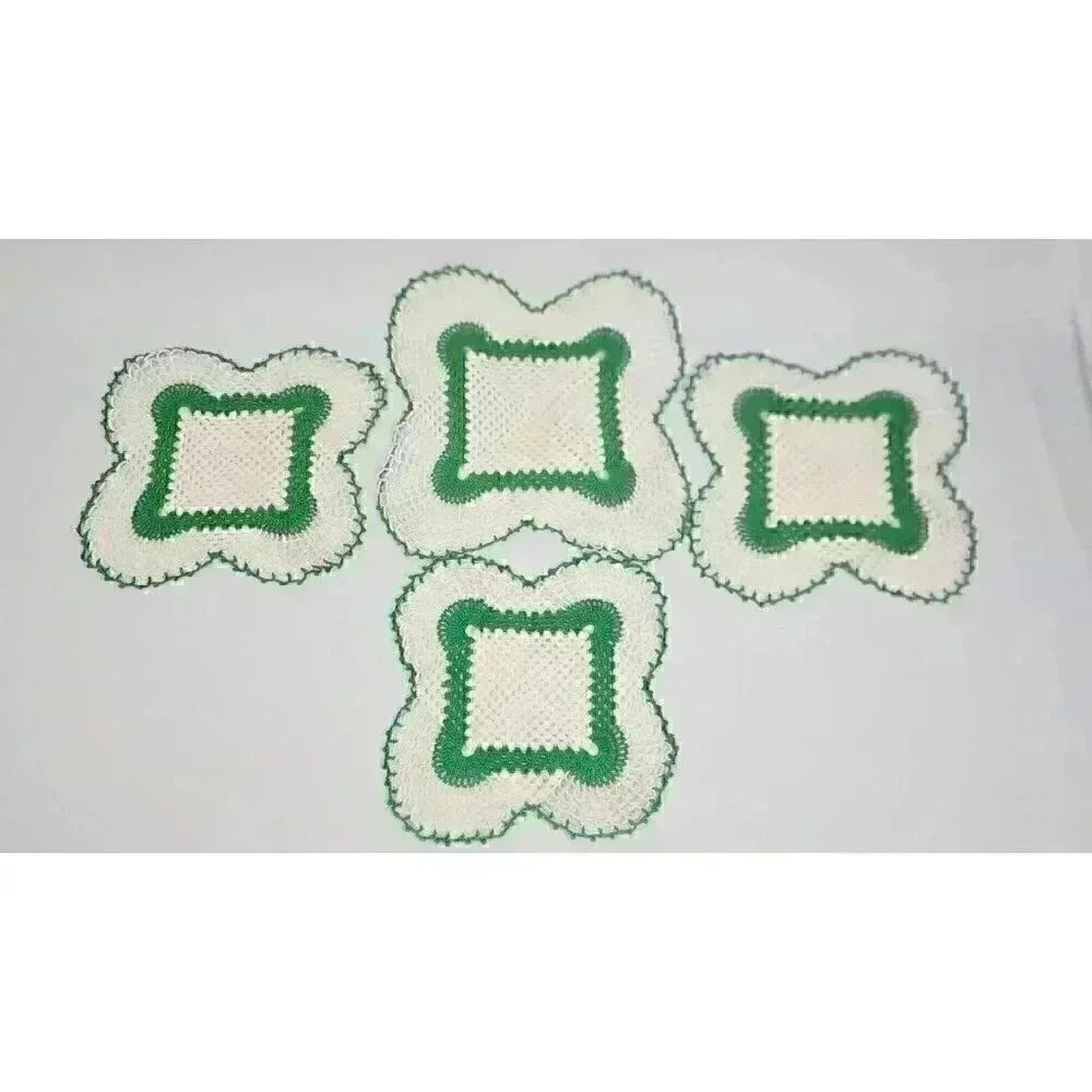 Vtg Set 4 Doilies Hand Crocheted Knitted Linen Apple Green Scalloped Kitsch